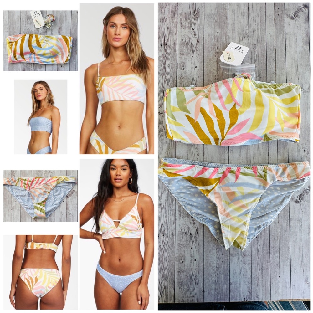 Billabong Pastel Leaf Print Bandeau Bikini - Pink, Yellow, Green, Blue